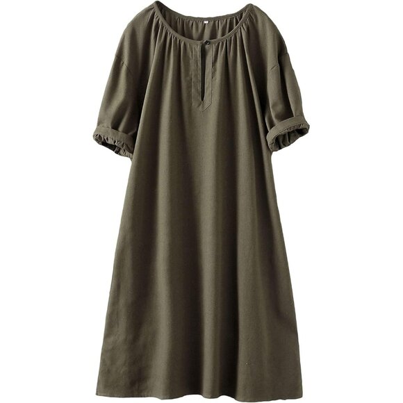 Dresses & Skirts - Women's Cotton Linen Dress Short Sleeve Midi Casual Plus Size with Pockets